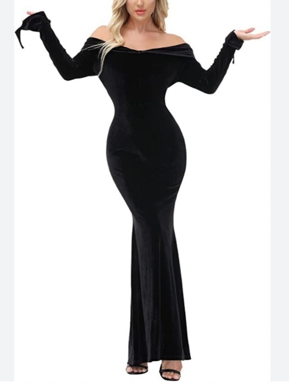Off-Shoulder Velvet Maxi Dress Women Plus Size 2XL Gothic‎ Addams Family Cosplay
